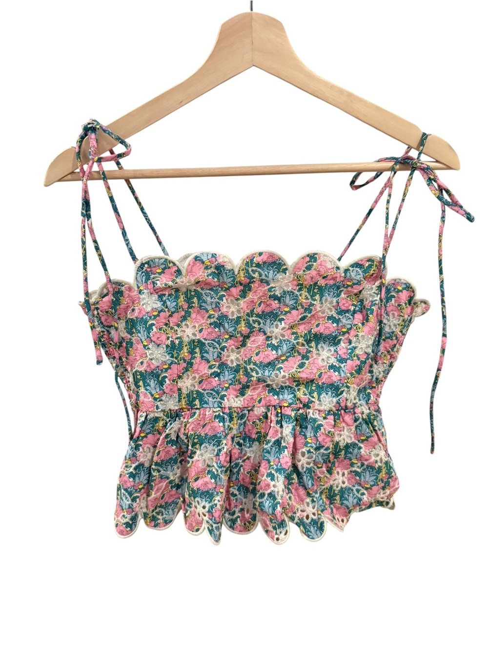 Hyacinth House Calla Pink Floral Eyelet Scalloped Tie Strap Top Small Resort